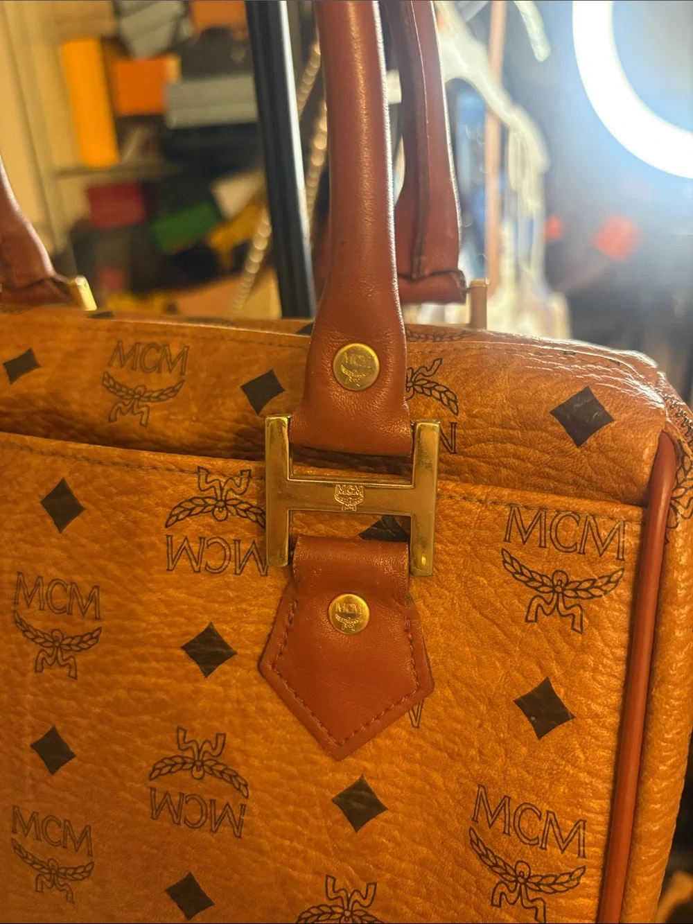 MCM Cognac Brown Visetos Monogram Satchel